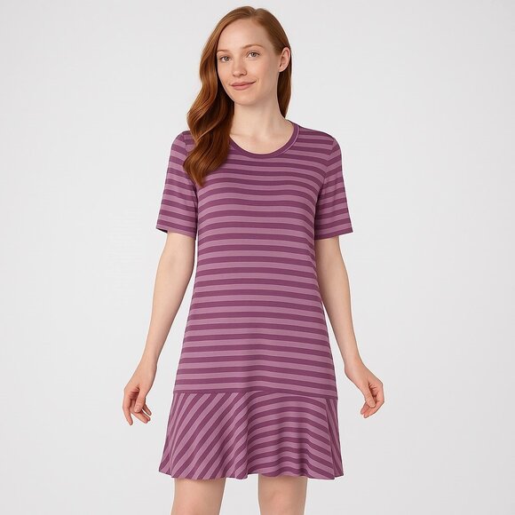 LOGO Lori Goldstein Purple Stripe Short Sleeve Flounce Hem Knit Dress Womens XL - Picture 1 of 14